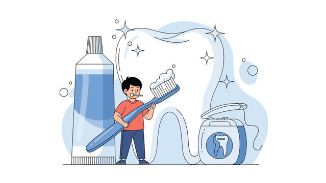 Young boy learning about dental hygiene and oral care by brushing a giant tooth with toothpaste and dental floss.