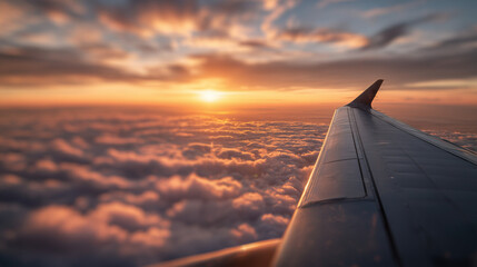 Obraz premium Stunning airplane wing view above a sea of clouds during a golden sunset aerial perspective with soft focus and warm atmospheric light for travel and aviation themes
