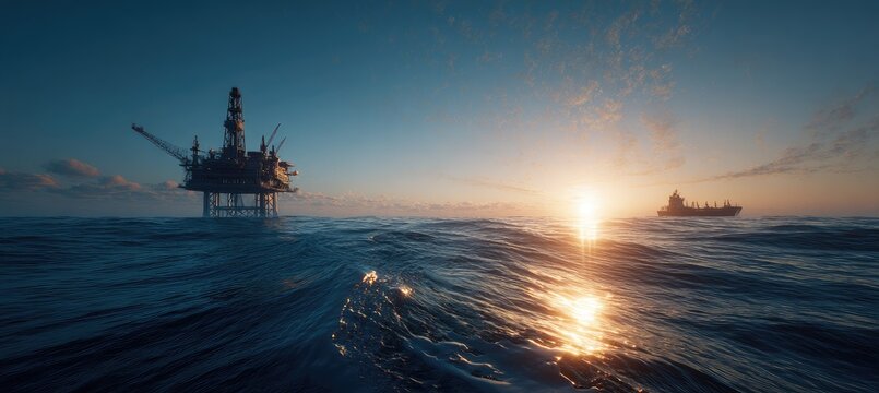 Offshore oil rig and ship at sunrise over a calm sea
