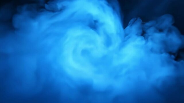 Cinematic low-lying blue fog bank illuminated by cool blue lighting, dense atmospheric mist rolling over a dark void creating surreal cloudscape and moody mysterious ambiance