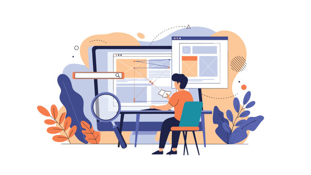 Young professional designer working at a desk on complex website wireframes and digital user interface prototypes on a large computer screen.