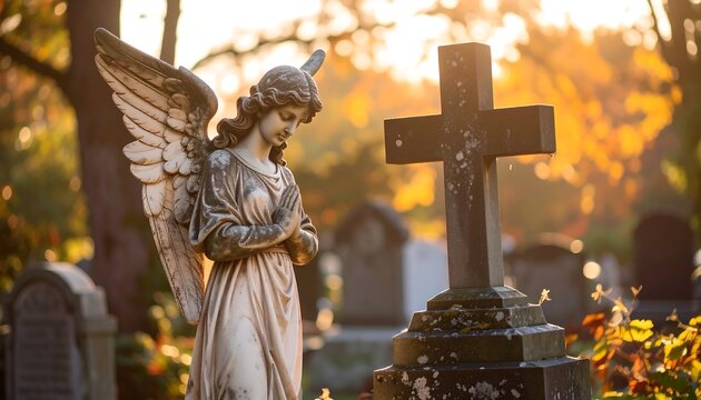 Angel statue near a cross, graveyard background, sunlight