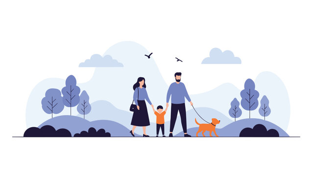 Happy family with small child and pet dog enjoying peaceful stroll through beautiful blue toned park landscape.