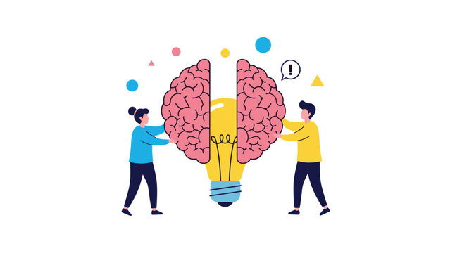 Two people joining two halves of a human brain around a glowing lightbulb representing teamwork and the birth of a successful creative idea.