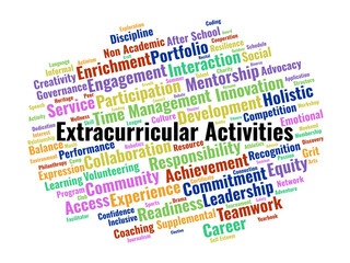 Fototapeta premium Extracurricular Word Cloud. A Visual Summary Of Non-Academic Enrichment, Leadership Development, And Community Engagement Activities Essential For Student Growth And Career Readiness.