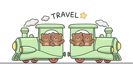 Two Cute Brown Bear Cubs Driving Mint Green Toy Trains with Travel and Star Text, Kawaii Animal Characters on a Journey Vector Illustration © cheng