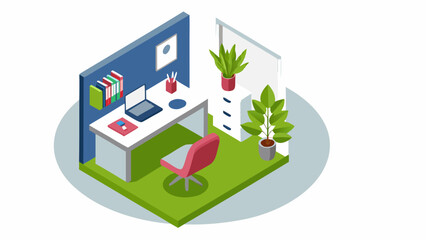 Obraz premium A modern office workspace with a desk, chair, and plants in a minimalist vector illustration