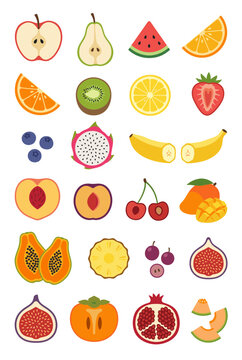 Large Collection of Various Fruit Slices and Whole Fruits Including Berries Citrus Melons and Pomegranate, Flat Vector Graphic Elements Set