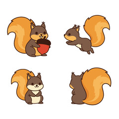 Cute Cartoon Squirrel Character Set in Different Poses Including Holding an Acorn Jumping and Sitting Flat Vector Illustration for Kids © cheng