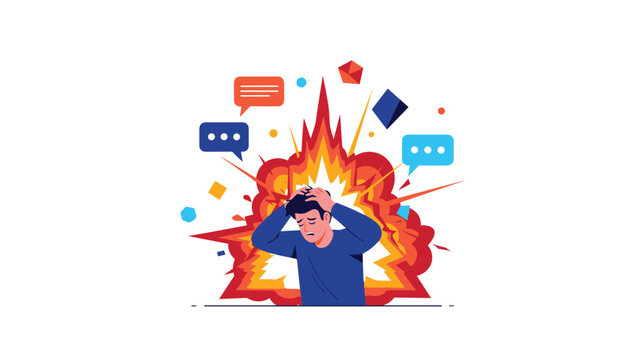 Stressed man experiences a mental breakdown with a metaphorical explosion behind his head while social media and message icons signify digital overload.
