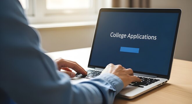 Person typing on laptop with college application on screen, application process
