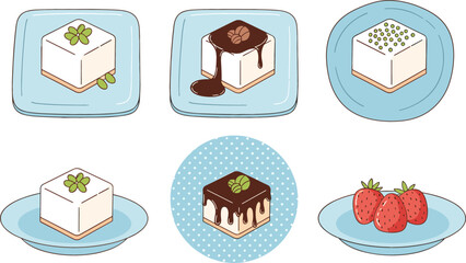 Delicious Dessert Icon Set Featuring Tofu, Chocolate, and Fresh Fruit on Plates for Dessert, Sweet Treats, and Food Design Projects © Saidi