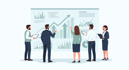 Obraz premium Business Team Analyzing Growth Charts and Financial Data on a Digital Dashboard Screen, Flat Vector Illustration of Corporate Strategy and Professional Collaboration