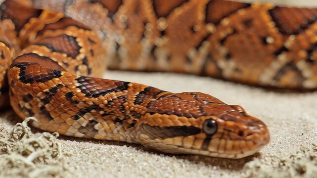 Closeup of a Corn Snakes intricate scales and patterned skin on sandy ground.
