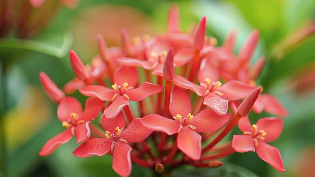 Closeup of vibrant red Ixora flowers blooming in a garden.