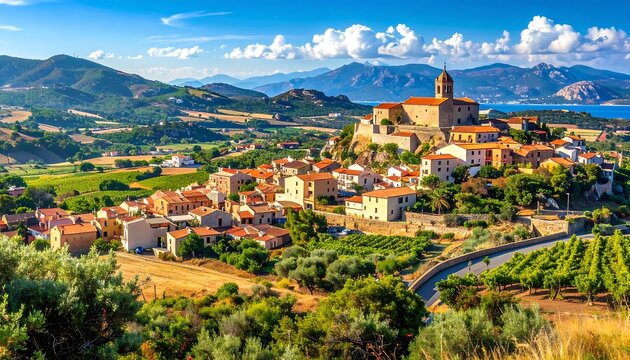 Picturesque Village Speloncato in Corsica, France with Vineyards and Mountains