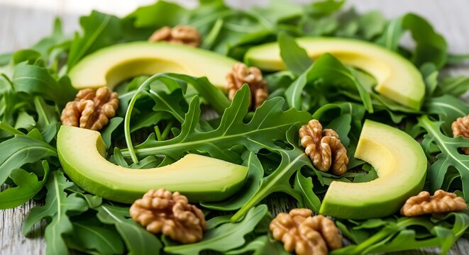Fresh avocado and walnut salad on a bed of green arugula leaves