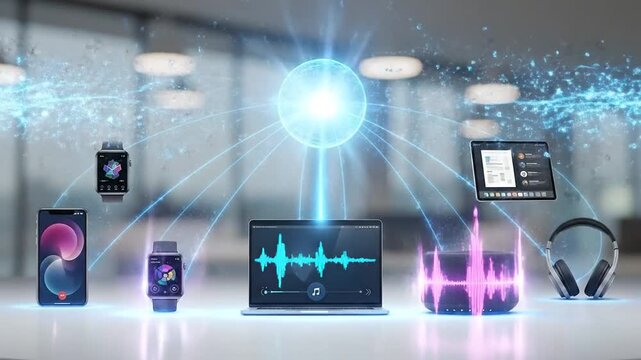Smart home devices connected wirelessly digital audio streaming concept.