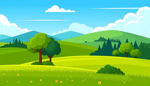 Lush, bright green rolling hills stretch toward distant mountains beneath a sunny blue sky with fluffy clouds