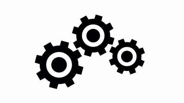 Three black gear icons on white background. Suitable for technology, engineering, industrial, machinery concepts in designs, presentations, and web.