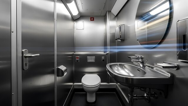 modern train bathroom featuring stainless steel walls, a toilet, a sink with a faucet, and a mirror.