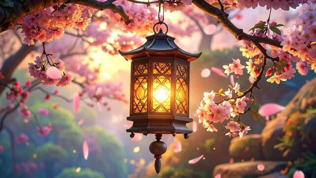 A beautiful lantern hangs from a cherry blossom tree, illuminated by the warm sunlight in the background.