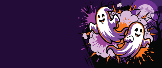 Naklejka premium Halloween Ghosts with Comic Burst Accents and Spiders Web