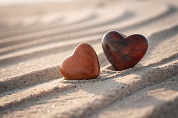 Obraz premium Two smooth polished stone hearts resting together on a textured sandy surface display a beautiful symbol of eternal love and connection that represents romance and deep devotion during a peaceful suns