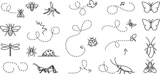 Insect Doodle Set with Flying Path Lines Featuring Bee, Butterfly, Dragonfly, Ladybug and Ant for Kids Illustration, Educational Design and Nature Sketch Collection © Ruma