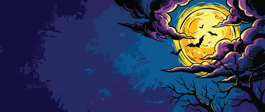Halloween Moonlit Night with Eerie Clouds and Flying Bats Vector Graphic
