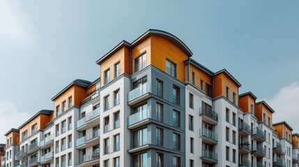 Fototapeta premium Modern apartment building with a stylish design featuring orange accents and balconies under a clear sky