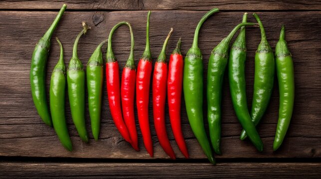 Fresh Green and Red Chili Peppers on Rustic Wooden Background