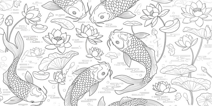 Koi Fish and Lotus Flower Seamless Pattern in Line Art Style for Coloring Page, Asian Inspired Design, Tattoo Art and Decorative Background