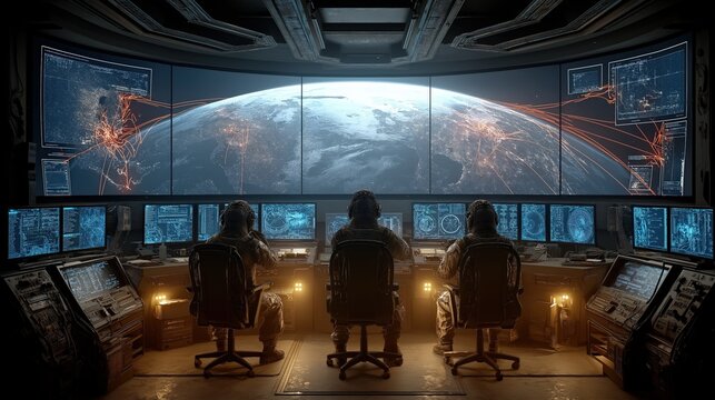 Three people monitor global digital networks and data streams in a high-tech control room with a large Earth display and multiple screens.