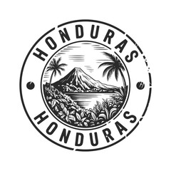 Obraz premium Vintage circular badge featuring honduras landscape and tropical vegetation