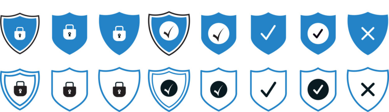 Security shield icon set, professional vector illustration of protection and safety symbols. check mark, and lock signs, ideal for cybersecurity, Professional guard and safety icons
