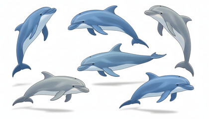 Obraz premium Cartoon Dolphins Collection - Various Poses of Blue Dolphins Illustration
