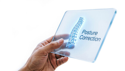 Futuristic health technology featuring a hand holding a transparent tablet with a 3D Posture Correction spine icon.