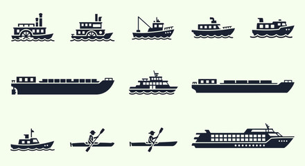 Vector Set of Various Nautical Vessels and Boats Icons © punduh