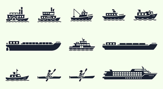 Vector Set of Various Nautical Vessels and Boats Icons