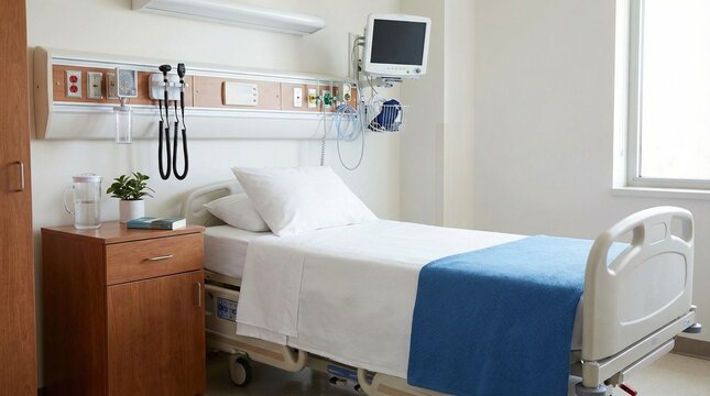 Hospital Bed with Blue Blanket.