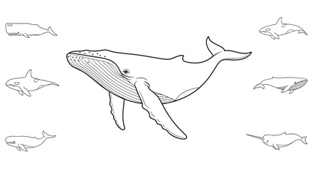 Whale Collection: Diverse Cetacean Species Illustration, Humpback Whale Center © punduh