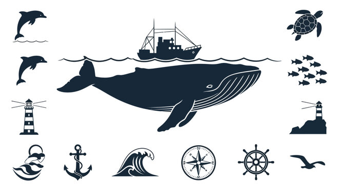 Whale, Dolphin, Turtle, Boat, Lighthouse, Anchor, Compass, Sea Icons