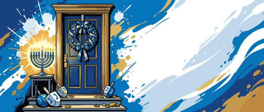 Hanukkah Festive Doorway with Menorah Dreidels and Gold Coins