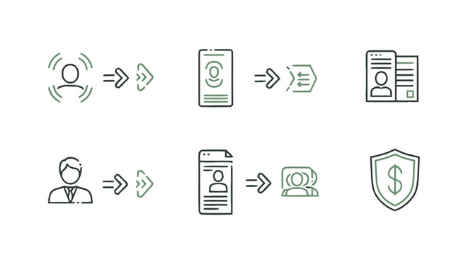 Set of six hand-drawn icons illustrating identity verification and security processes.