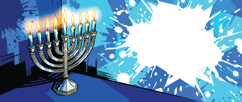 Hanukkah Menorah with Lit Candles in a Blue and White Abstract Composition