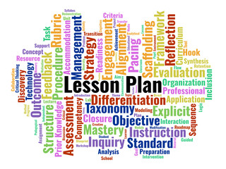 Fototapeta premium Lesson Plan Word Cloud. A Professional Visual Summary Of Learning Objectives, Instructional Procedures, Scaffolding Strategies, And Assessment Methods Used In Modern Education.