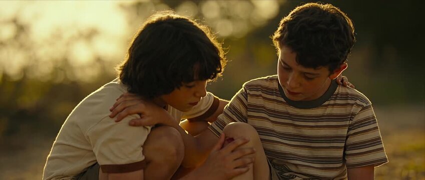 Child comfort scraped knee boy friendship caring gesture sibling support summer light outdoor field gentle touch emotional moment empathy compassion healing touch after accident with injury bruise
