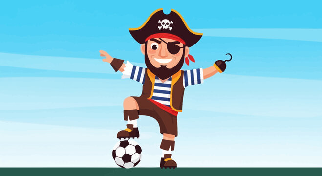 Cartoon Pirate Playing Soccer with Ball and Hook