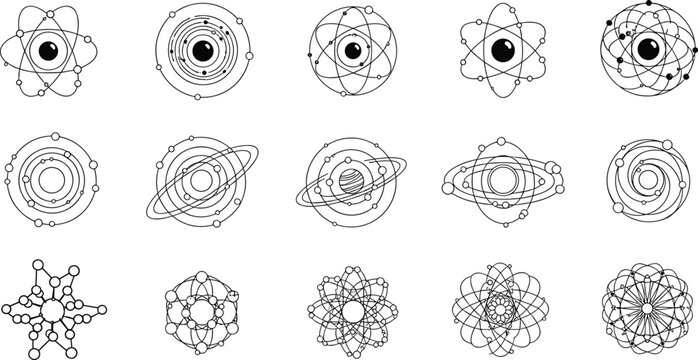 Flat vector illustration of atomic orbit icons, planetary model silhouettes, electron paths, science technology symbol, minimal black and white design